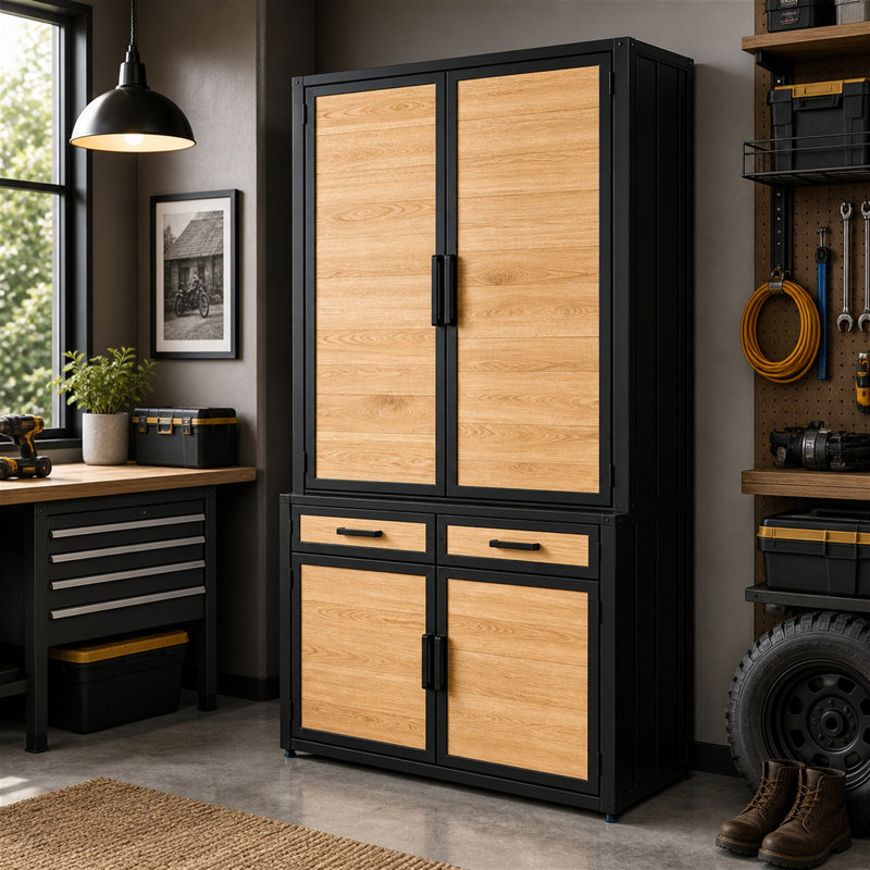 Armoire de rangement industrielle en bois de pin et en fer Aaliyah H 83 po avec 2 tiroirs, 4 portes et poignées noires pour le garage ou le bureau personnel