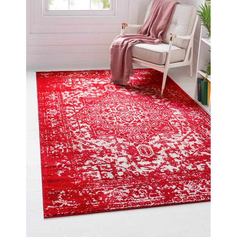 Tapis de style oriental rouge, Rectangle 4 pi 1 po x 6 pi 1 po