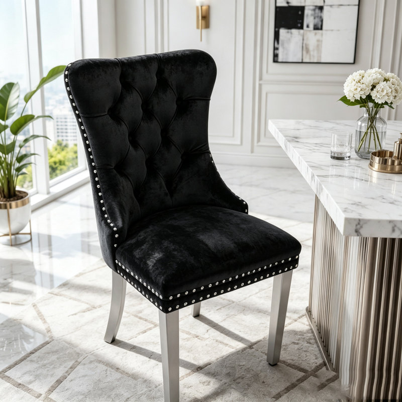 Ensemble de chaises de salle à manger modernes en velours avec pieds chromés et garniture cloutée, 2, Velours noir