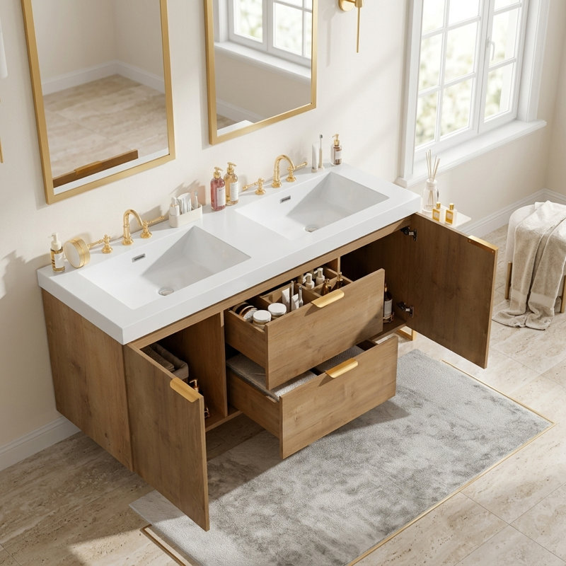 Ensemble de meuble-lavabo mural moderne 60 po avec lavabo SMC intégré et tiroirs de rangement séparés