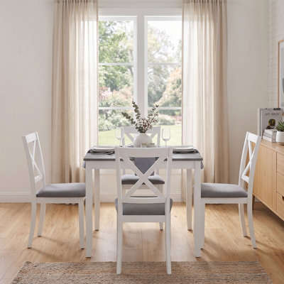 Ensemble de table carrée 5 pièces en bois avec 4 chaises rembourrées, plateau de table en panneau de fibres à densité moyenne, ensemble pour 4 personnes, cuisine, salle à manger, blanc et gris