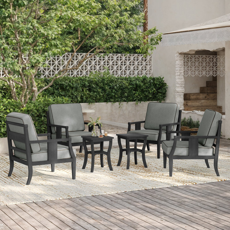 Teak Outdoor Four-person Conversation Set With Cushion And Two Side Tables, Gray, Black