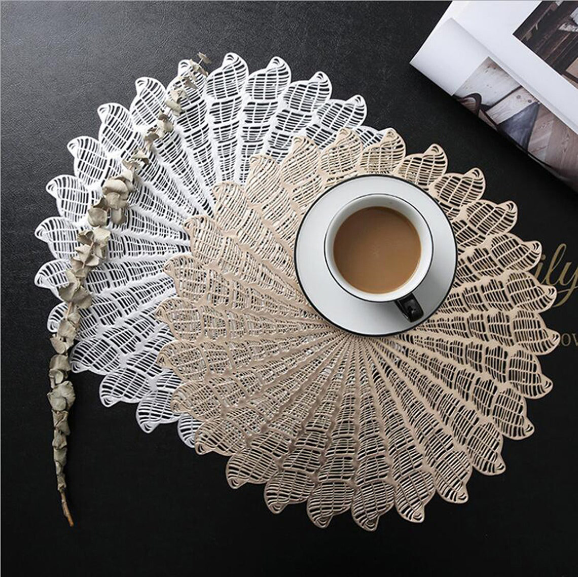 FashionSecretsLLC 6 Pack of Round Gold / Silver Hollow Flower Placemats ...