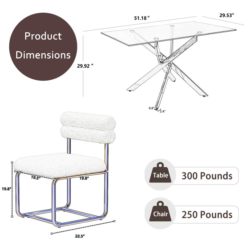 Rectangle Glass Dinning Table Set for 4-6, 29.53" H x 51.18" L x 29.53" W, 5