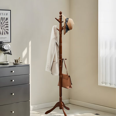 Freestanding Solid Wood Coat Rack With 9 Hooks And 3 Adjustable Size