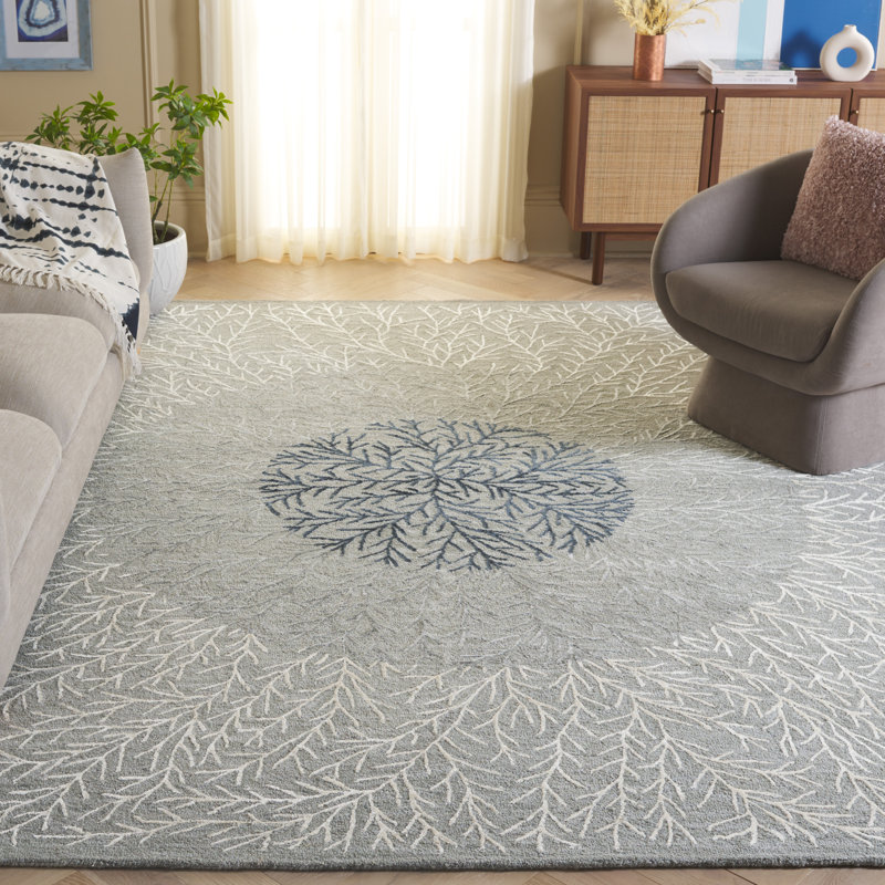 Tapis floral ivoire / gris en laine / coton / viscose touffeté à la main Soho, Rectangle 8 pi x 10 pi