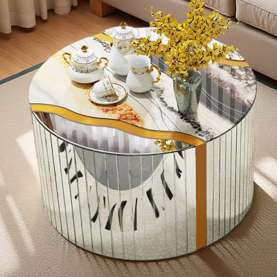 Miroir cylindrique argenté avec motif de marbre et table basse ronde
