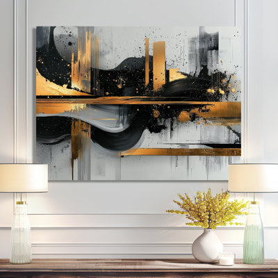 «Dark Transition Golden Shifting Horizons II», art mural transitionnel abstrait de formes modernes