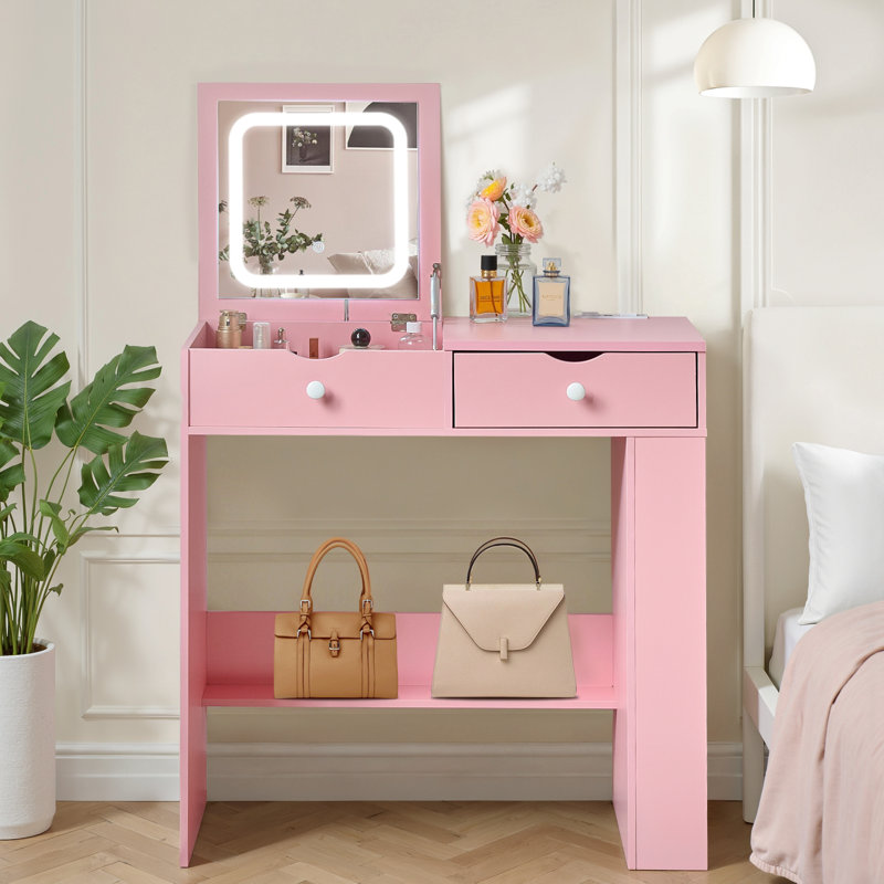Modern Flip Up Mirror Makeup Vanity, Dressing Desk with Drawer and Open Shelves, Vanity Table With Lighted Mirror And Charging Station for Bedroom, Writing Desk with Hidden Storage