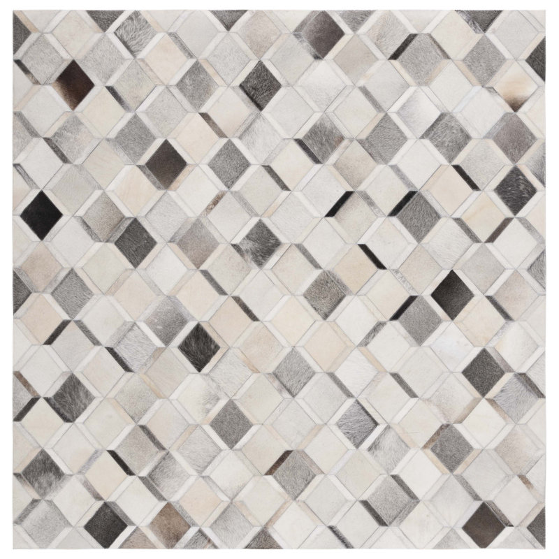 Sebring Hand Woven Leather/Felted Cloth Geometric Rug in Ivory/Gray, Square 6'