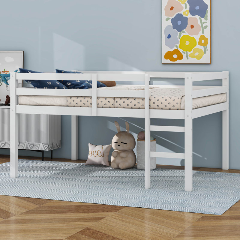 Lit mezzanine double en bois d'hévéa massif avec échelle, Blanc