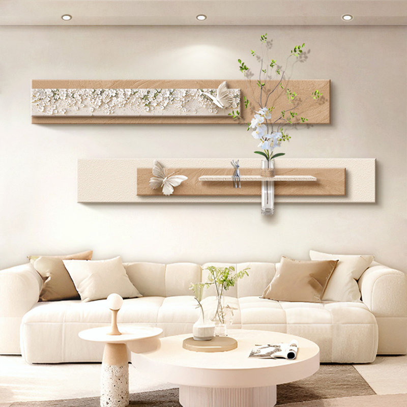 Cream Wood Wall Art With Hydroponic Vase - Living Room Sofa Decor, Brown/White/Green/Silver, 10.63" H x 70.87" W x 0.87" D