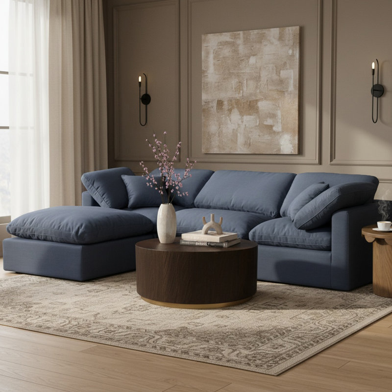 Canapé modulaire rembourré 4 pièces Hinami, Tissu texturé en lin bleu marine