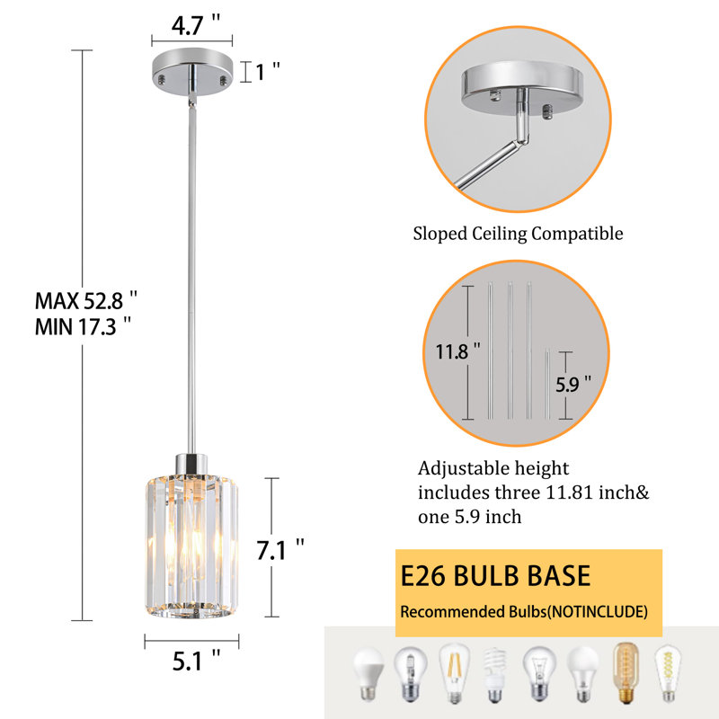 Modern Mini Crystal Pendant Lights Chandeliers Adjustable Sloped LED Hanging Ceiling Fixture Glass small Crystals for Kitchen Island Bathroom Living Room, Dining Room, Hallway, Bar 1PC (Chrome)