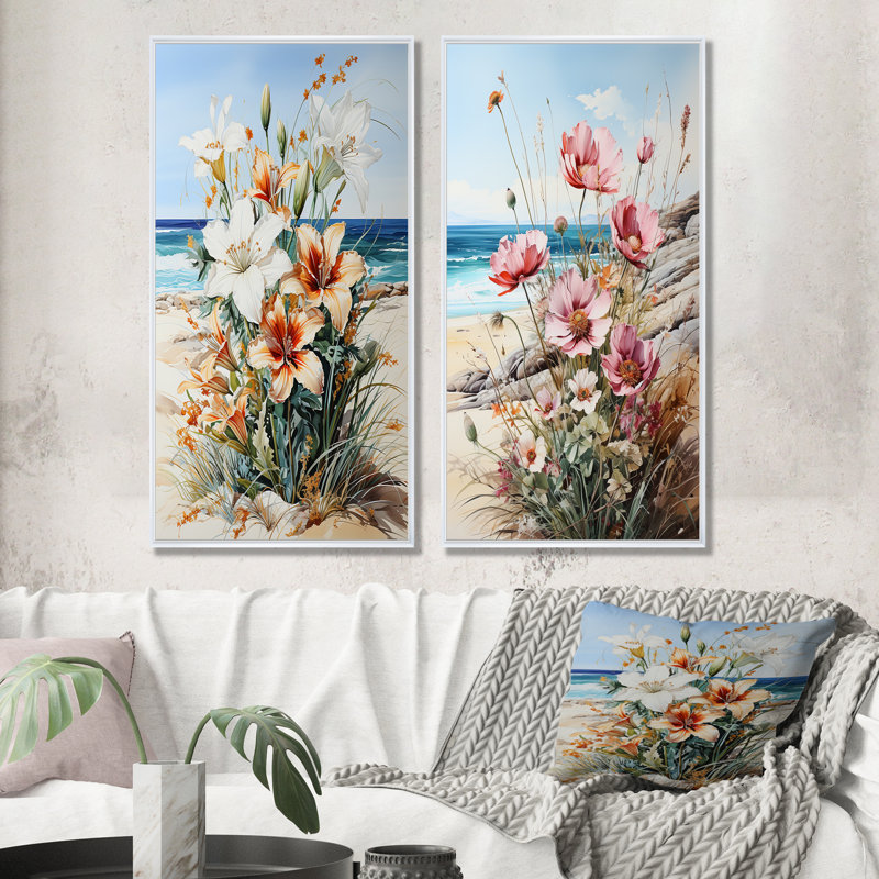 Fleurs saisonnières sur la plage - ensemble de 2 reproductions d'art sur toile, Cadre blanc, H 32 po x l 33 po
