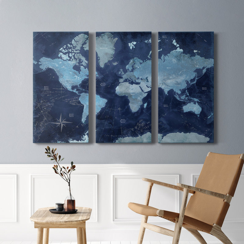 Carte du monde - 3 pièces, impression sur toile tendue, H 27 po x l 54 po x P 1 po