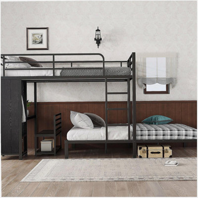 Large Double Bed Frame with Built-in Closet, Metal Double Bed with Desk and Storage Chair, Black