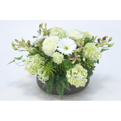 Orchid, Daisy and Hydrangeas Mixed Centerpiece in Vase