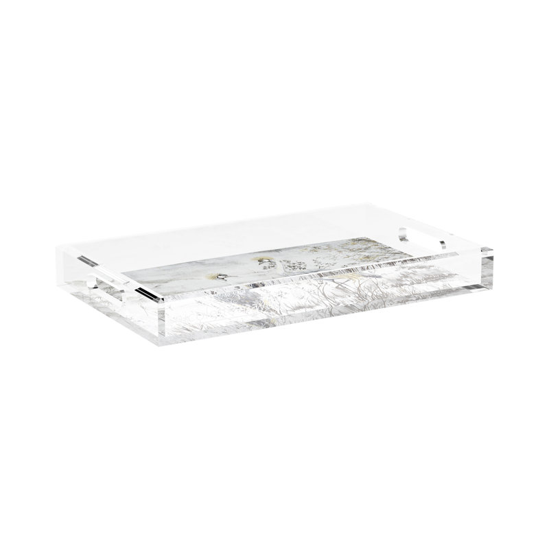 Crested Crane Silver Gold Acrylic Rectangle Decorative Tray, 17"W x 10.5"D x 2"H