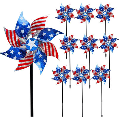 Paquet de 10 moulins à vent avec drapeau américain patriotique avec piquets - Spinners à vent pour la fête de l’Independance, le Jour du Souvenir, le 4 juillet, décorations de jardin anti-oiseaux (assemblage requis)