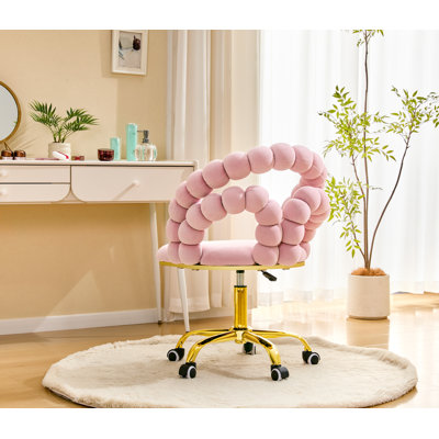 Fauteuil de coiffeuse rose en velours rose avec base dorée, fauteuil d'appoint ergonomique pivotant sur 360 °, jolie chaise de bureau roulante pour chambre à coucher, coiffeuse de maquillage, bureau personnel