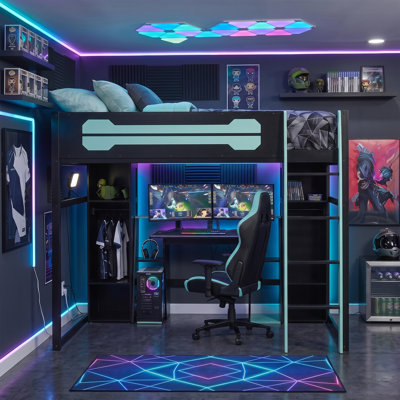 Full Size Gaming Loft Bed with Desk, RGB LED Lights, USB Charging Station, Wardrobe & Storage Cabinets-Blue
