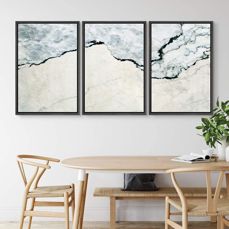Marble Agate Slice " Off-White Marble Granite Variety " 3 - Pieces, Black Framed, 36" H x 72" W x 1.5" D