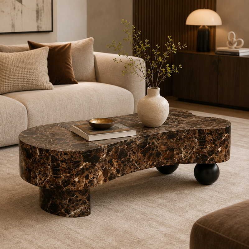 Table basse à plateau relevable irrégulier avec rangement caché et pieds sculpturaux Caston, Brun