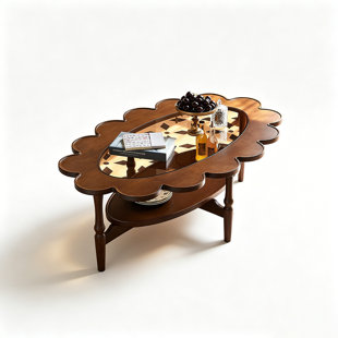 French Vintage Flower-Shaped Coffee Table, Wood Frame with Glass Top & Lower Shelf