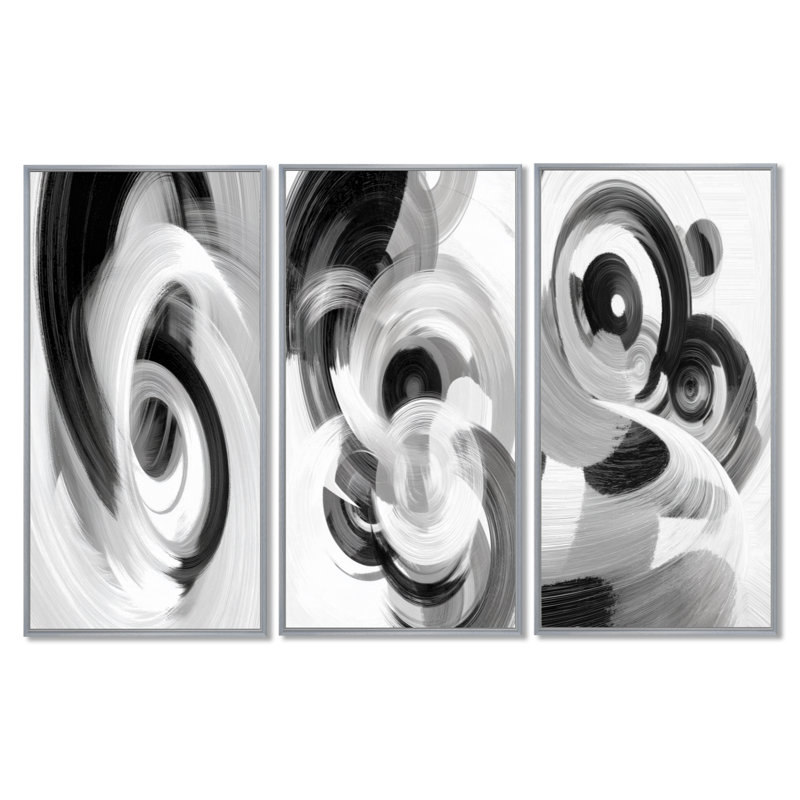 «White and Black Ink Spiral», ensemble de 3 toiles abstraites sur toile, H 32 po x l 48 po, Silver Floater Framed