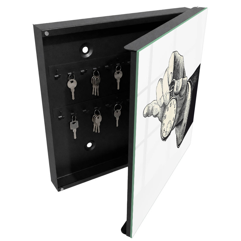 Key storage box, Opens to the left, 30x30x5, Black, Black and white hand with retro watch, 