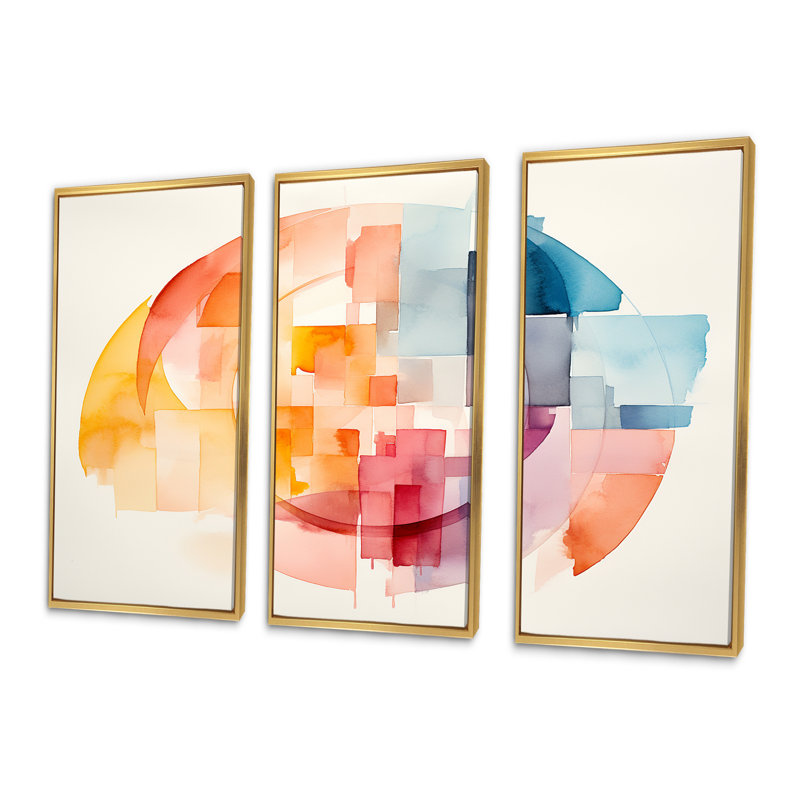 «Pastel Color Geometric Ink Collage II», art mural géométrique, Cadre flottant doré, H 28 po x l 36 po x P 1 po