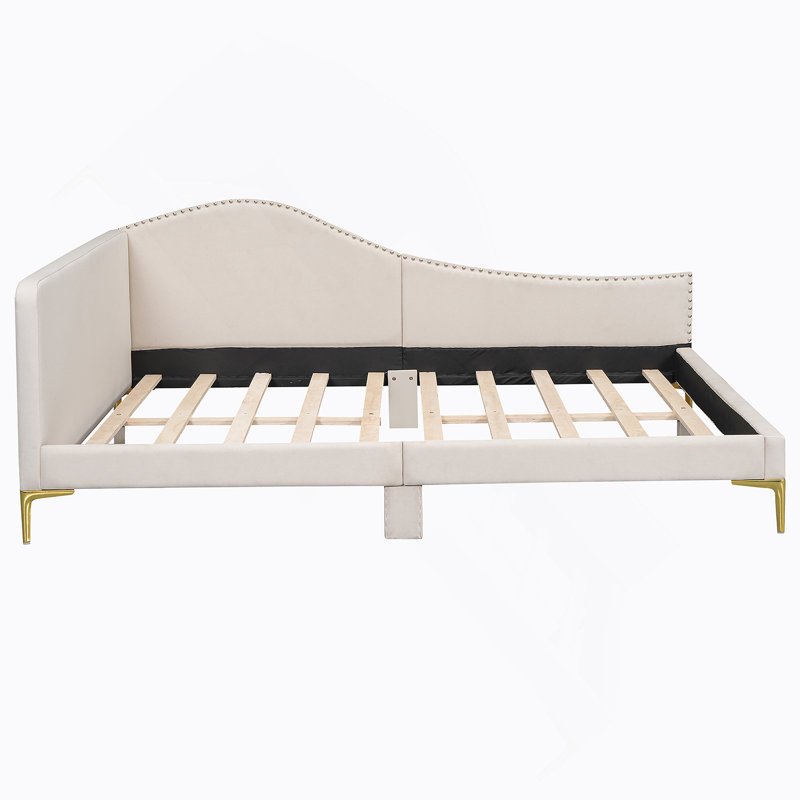 Lit de jour rembourré avec tête de lit et accoudoirs, pieds de soutien, Full / Double, Beige