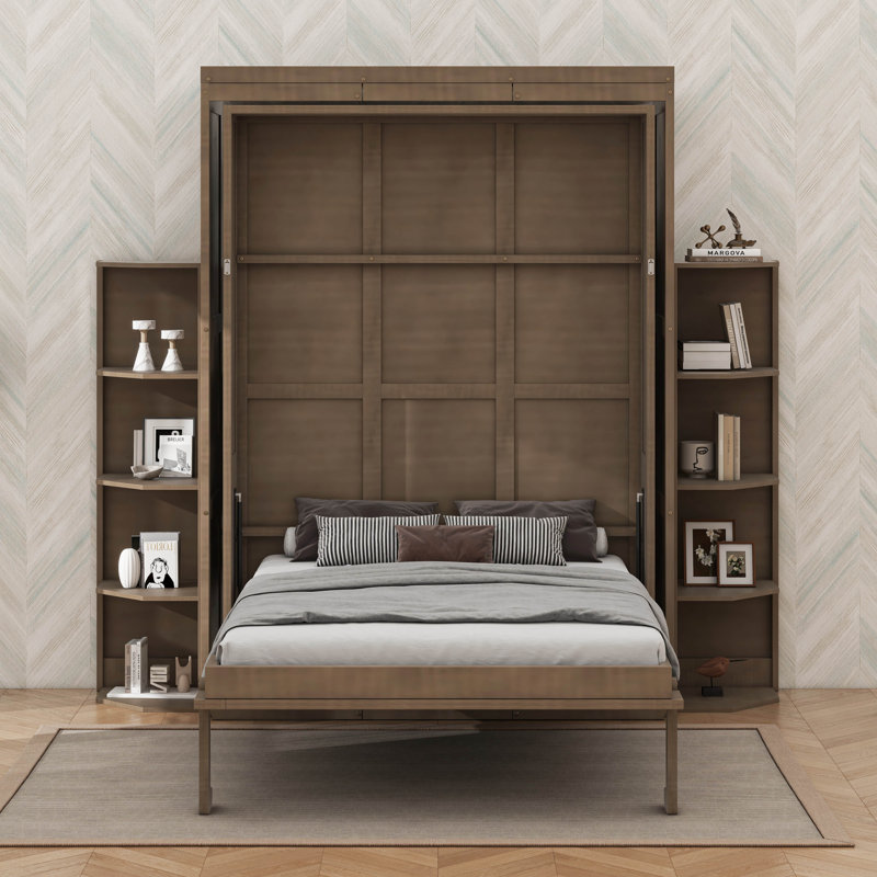 Grand lit escamotable avec armoire murale dissimulée, 2 tablettes latérales à 3 niveaux, bureau convertible, support de rangement supplémentaire