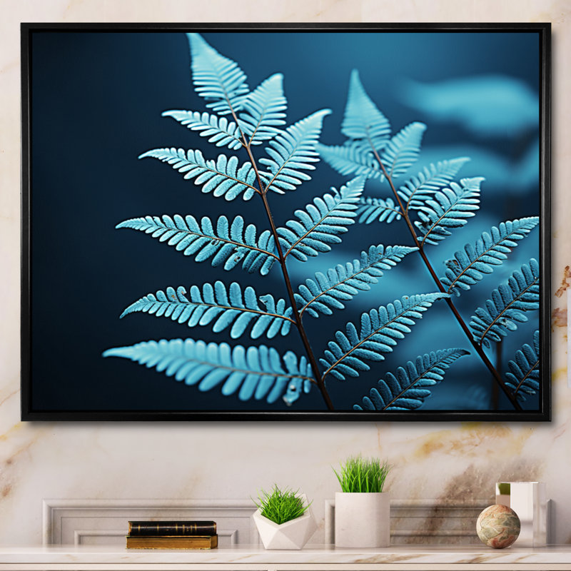 Ferns Turquoise Whimsy III - imprimé, Cadre flottant noir, H 24 po x l 32 po x P 1 po