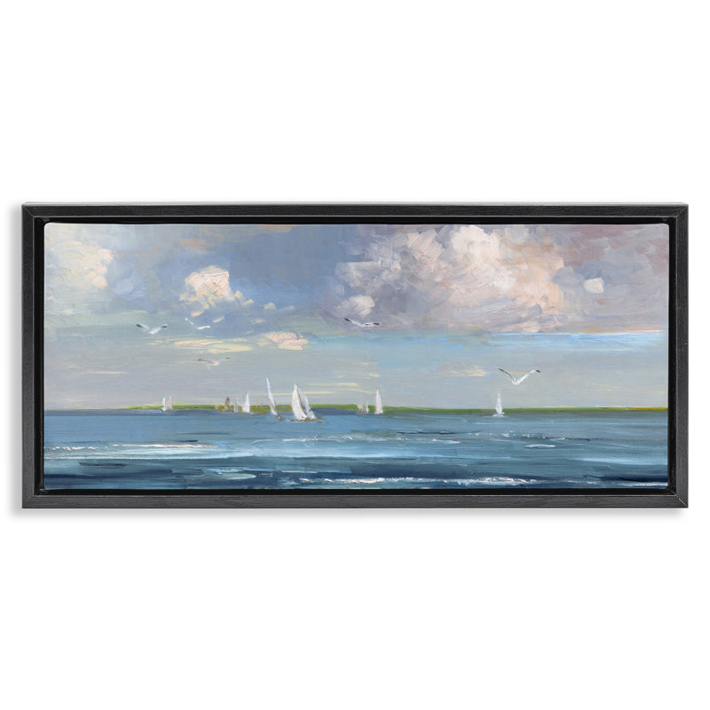 Paysage marin de vaisseaux lointains, Cadre flottant noir de jais, H 11 po x l 25 po