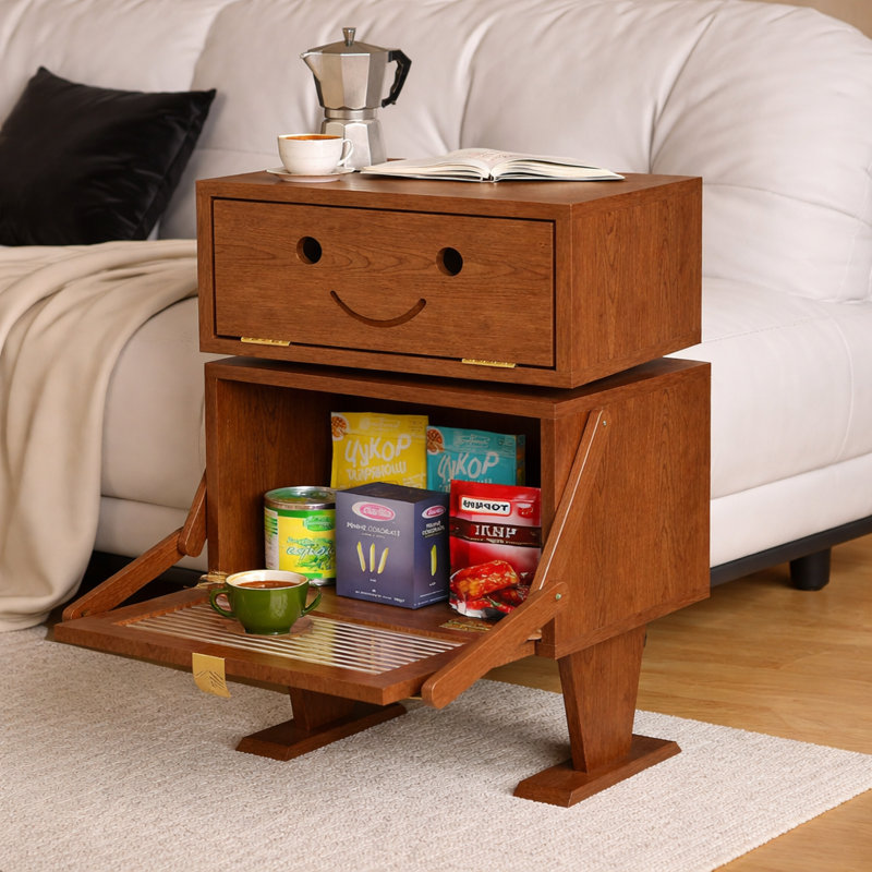 Soild Wood Robot End Table Side Table With 360° Rotation, Brown Wood