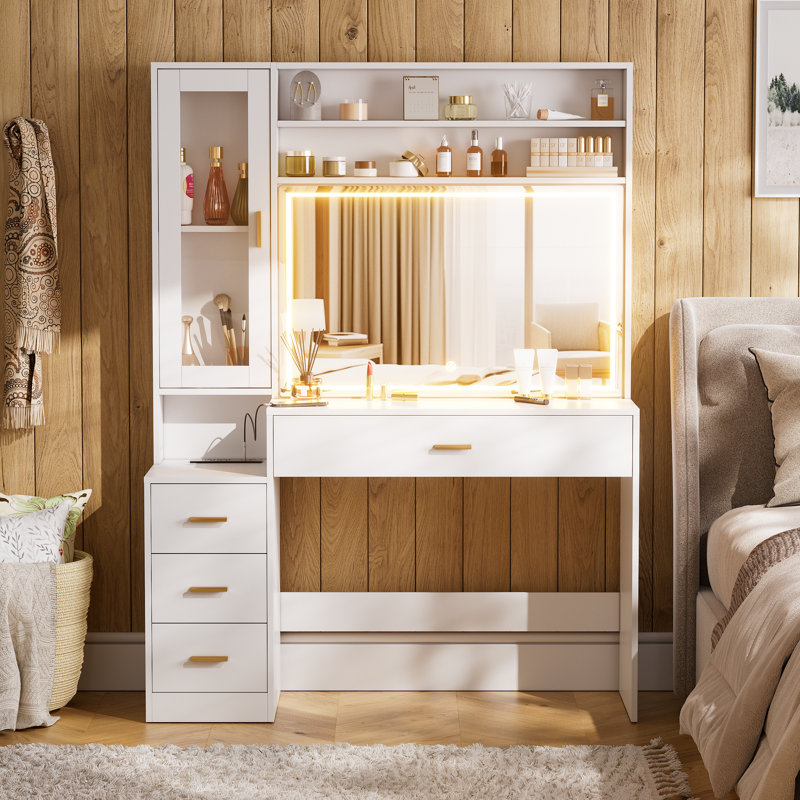 Coiffeuse blanche avec miroir éclairé, coiffeuse avec station de charge, coiffeuse avec 4 tiroirs et armoire de rangement avec 2 tablettes pour la chambre à coucher