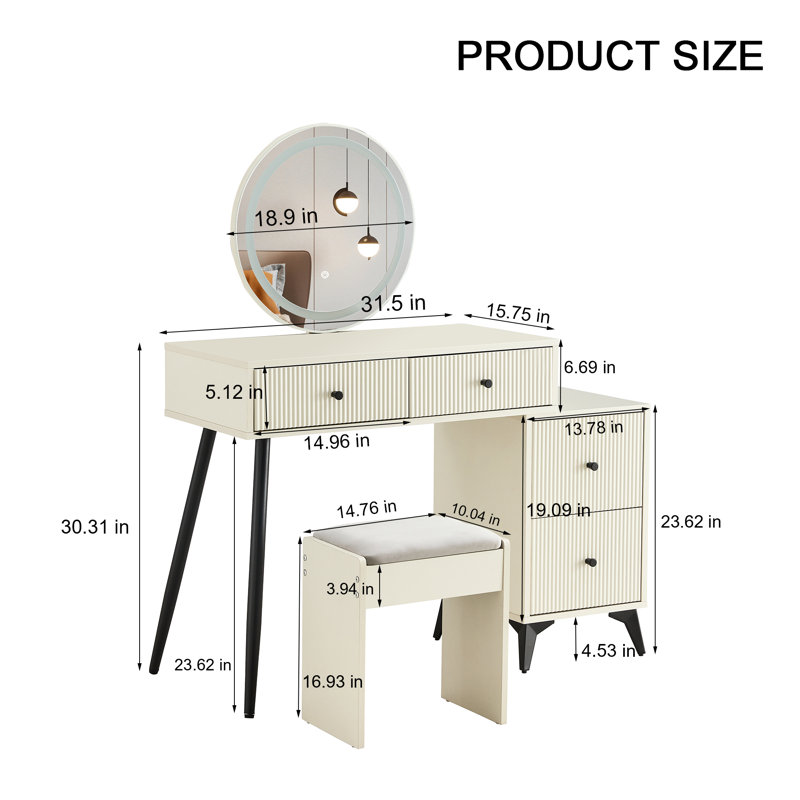Abraam Make Up Vanity Set Dressing Tabl with Upholstered Stool and Round LED Variable Light Mirror