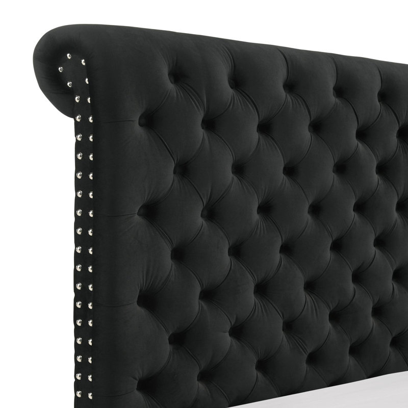 1pc Unique Round Plush Black Velvet Button-Tufted Detailing Storage Bed, King