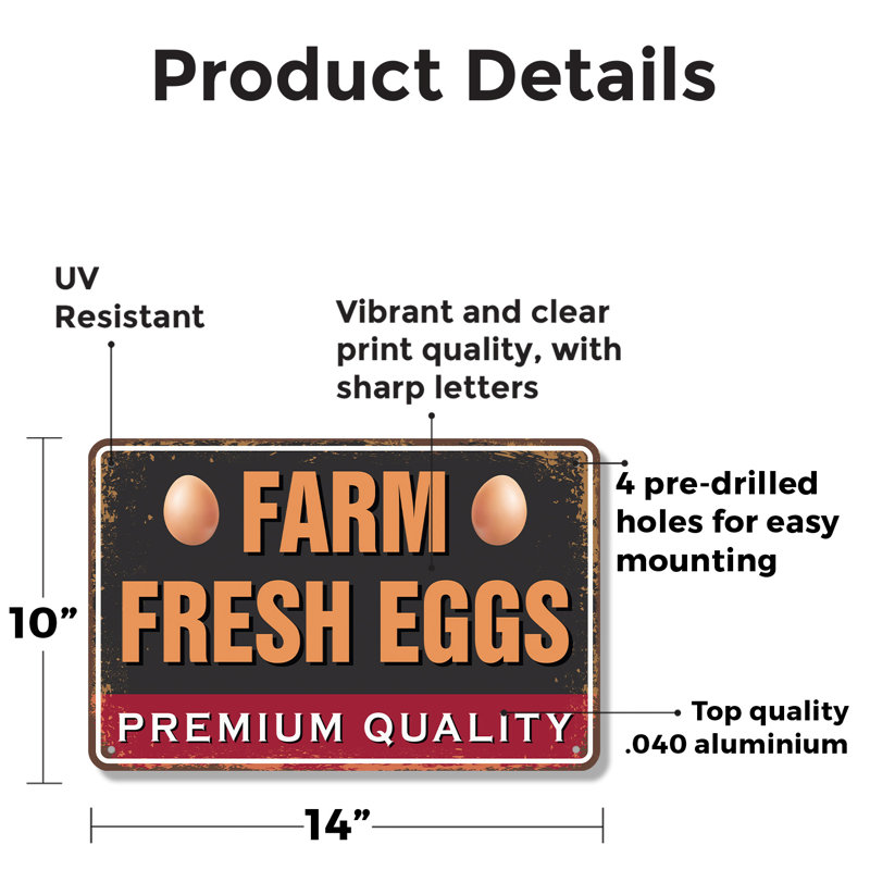 Enseigne de fantaisie en aluminium 10 po x 14 po Farm Fresh Eggs Street, H 10 po x l 14 po x P 0,1 po, Blanc