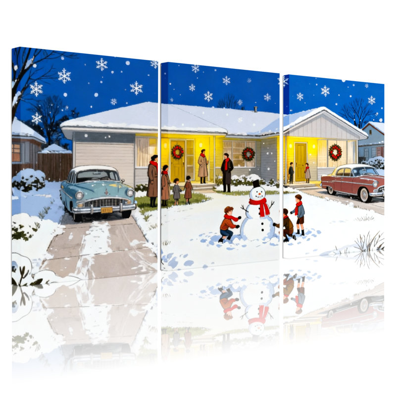 Scène de Noël avec bonhomme de neige et famille, ensemble de 3 impressions sur toile