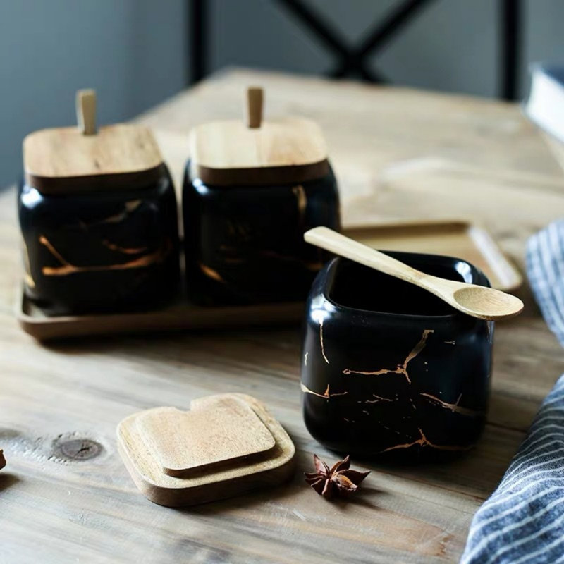 Ensemble de 3 bocaux à condiments en céramique pour pots de sel, sucre et poivre, Noir