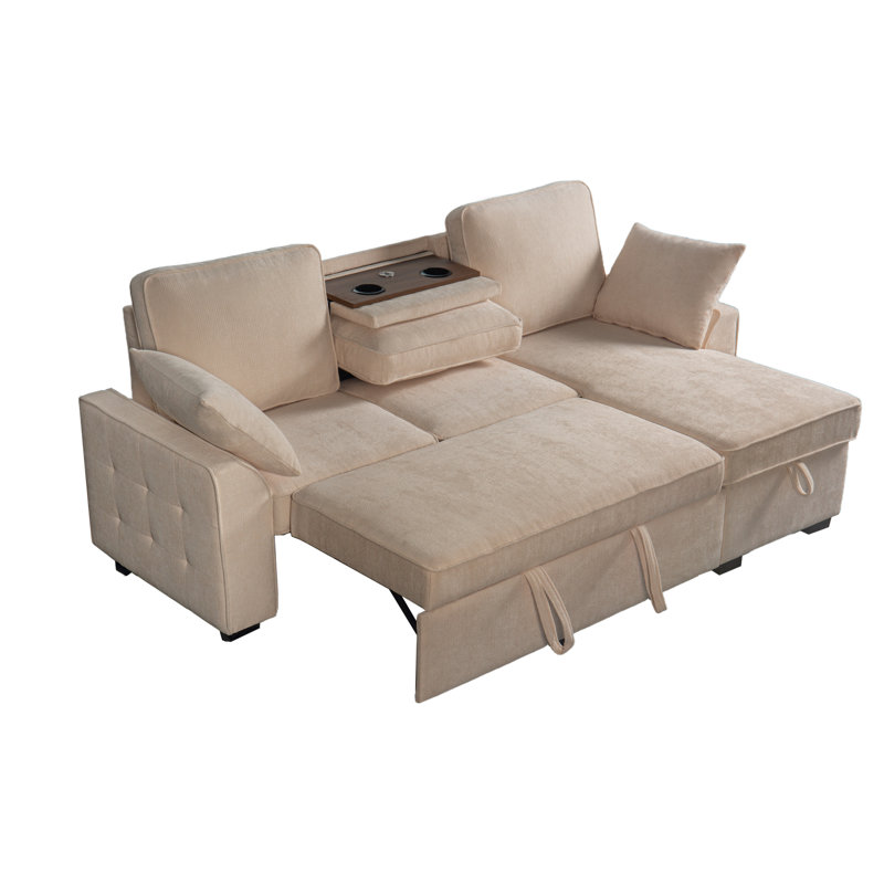 Canapé modulaire modulaire rembourré en L rembourré avec rangement et porte-gobelets, Beige