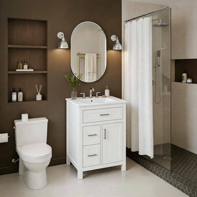 Meuble-lavabo 24 po avec lavabo en céramique, structure en bois massif, 1 porte, 3 tiroirs et support de rangement