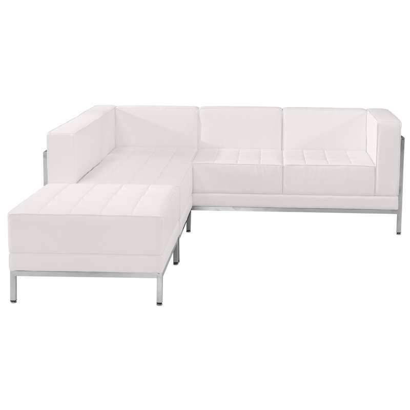 Hercules 3 Piece LeatherSoft Modular Sectional Configuration - Stainless Steel Legs, White Faux Leather