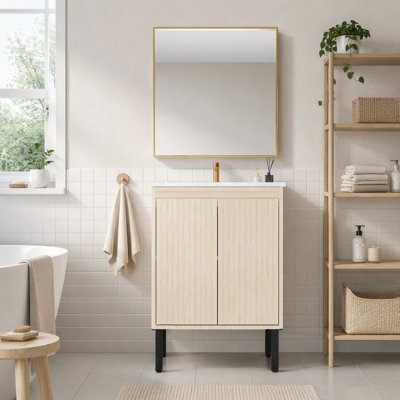 Meuble-lavabo moderne cannelé noir 43 po avec comptoir en marbre artificiel et lavabo, trou de robinet simple, portes à fermeture en douceur
