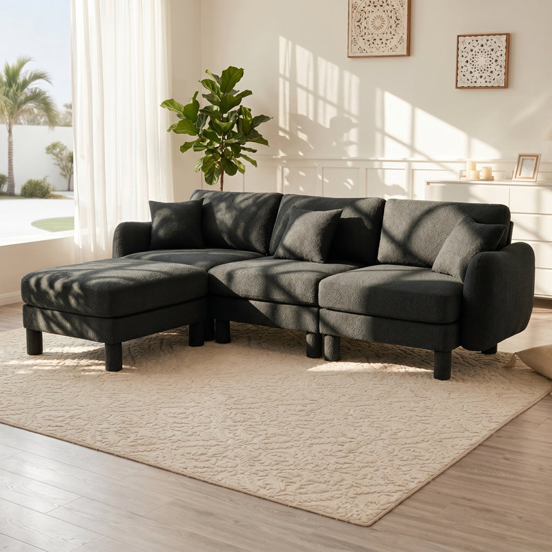 Urban Ins 109.4" W x 67.3" D x 35" H Dark Gray Boucle Convertible 3-Seater Sectional Sofa with Ottoman, Black Boucle, Black