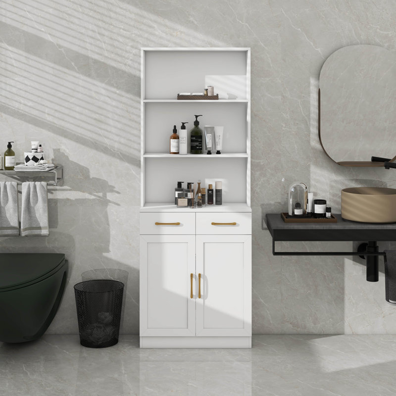 Armoire de rangement de salle de bain avec tiroirs, tablette ouverte à 3 couches, tablette réglable, Blanc