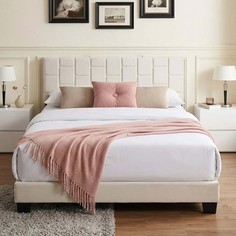 Velvet Platform Bed Frame With Adjustable Headboard, Beige, Full
